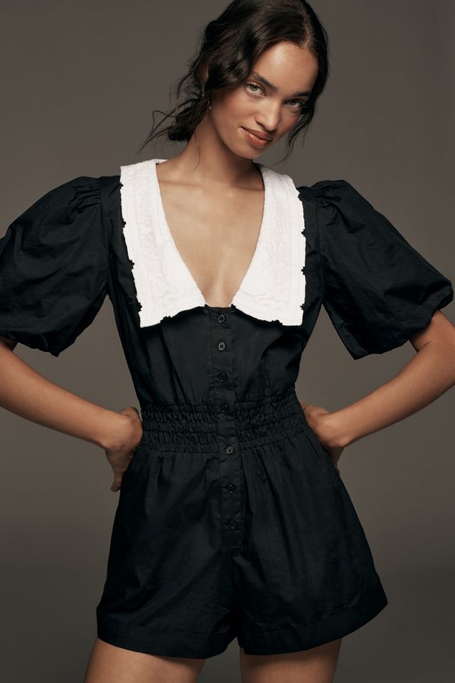 By Anthropologie Puff-Sleeve Collared V-Neck Romper | Anthropologie