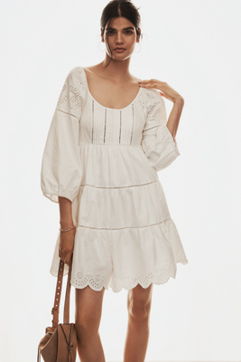 By Anthropologie Balloon-sleeve Lace Scallop-hem Romper