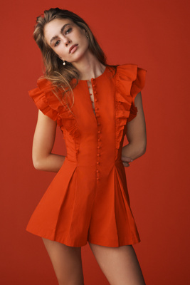 Maeve Ruffle-sleeve Romper In Red