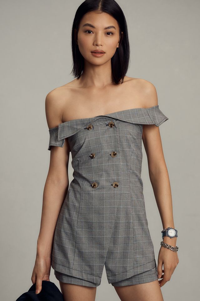 Maeve Off-The-Shoulder Button-Front Menswear Romper #1