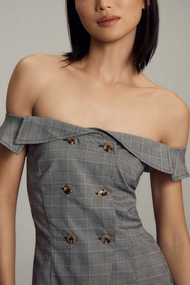 Maeve Off-The-Shoulder Button-Front Menswear Romper #2