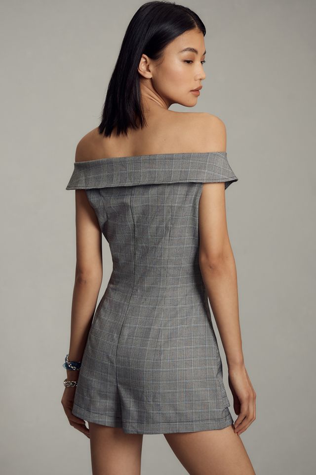 Maeve Off-The-Shoulder Button-Front Menswear Romper #3