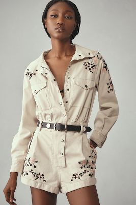 Shop By Anthropologie Long-sleeve Embroidered Utility Romper In Beige