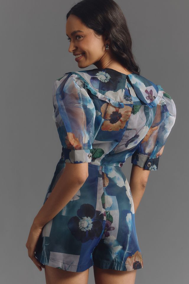 Maeve Puff-Sleeve Collared Organza Romper #1