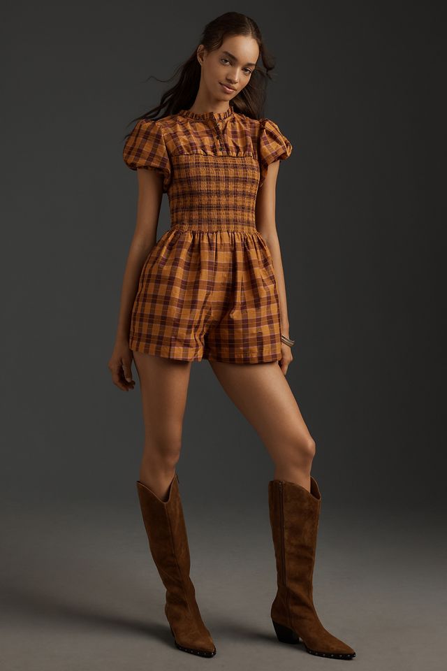 Maeve Puff-Sleeve Smocked Romper | Anthropologie
