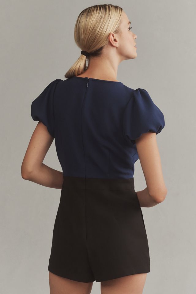 Maeve Puff-Sleeve Colourblock Scallop Playsuit #1