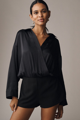 Maeve Long-sleeve Satin Twofer Romper In Blue