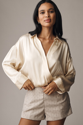 Maeve Long-sleeve Satin Twofer Romper In Neutral