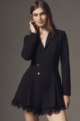 By Anthropologie Long-sleeve Tuxedo Lace-hem Romper In Black