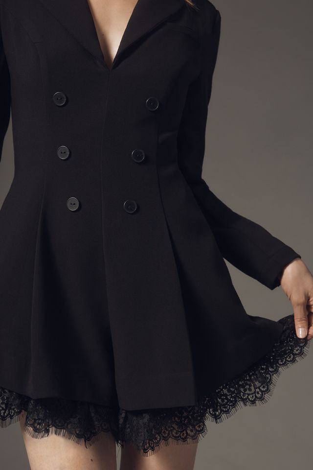 By Anthropologie Long-Sleeve Tuxedo Lace-Hem Romper #1