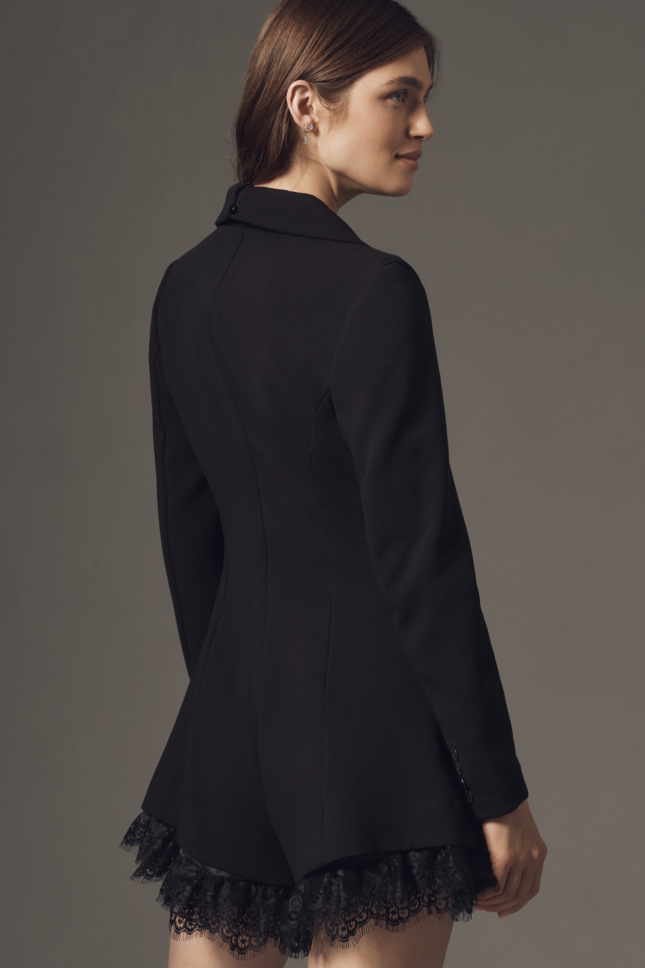 By Anthropologie Long-Sleeve Tuxedo Lace-Hem Romper