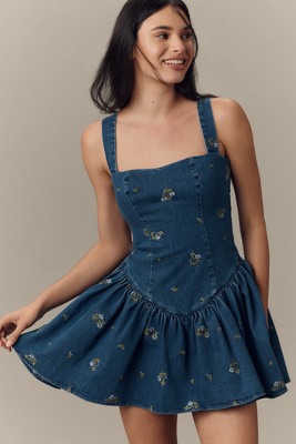 Avec Les Filles Sweetheart Drop-Waist Denim Mini Dress | Anthropologie