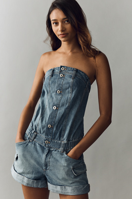 Pilcro Strapless Button-Front Denim Romper | Anthropologie