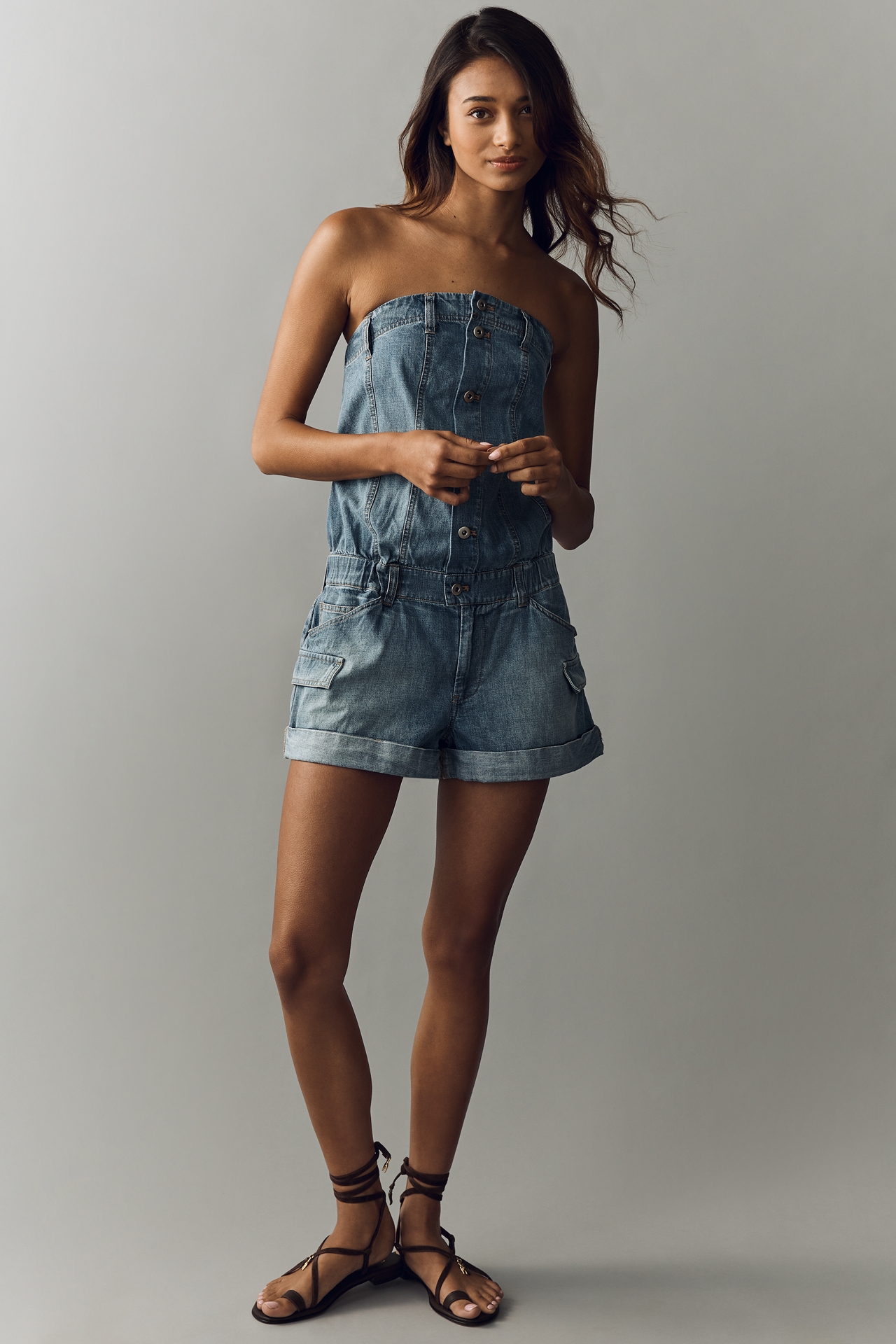 Pilcro Strapless Button-Front Denim Romper