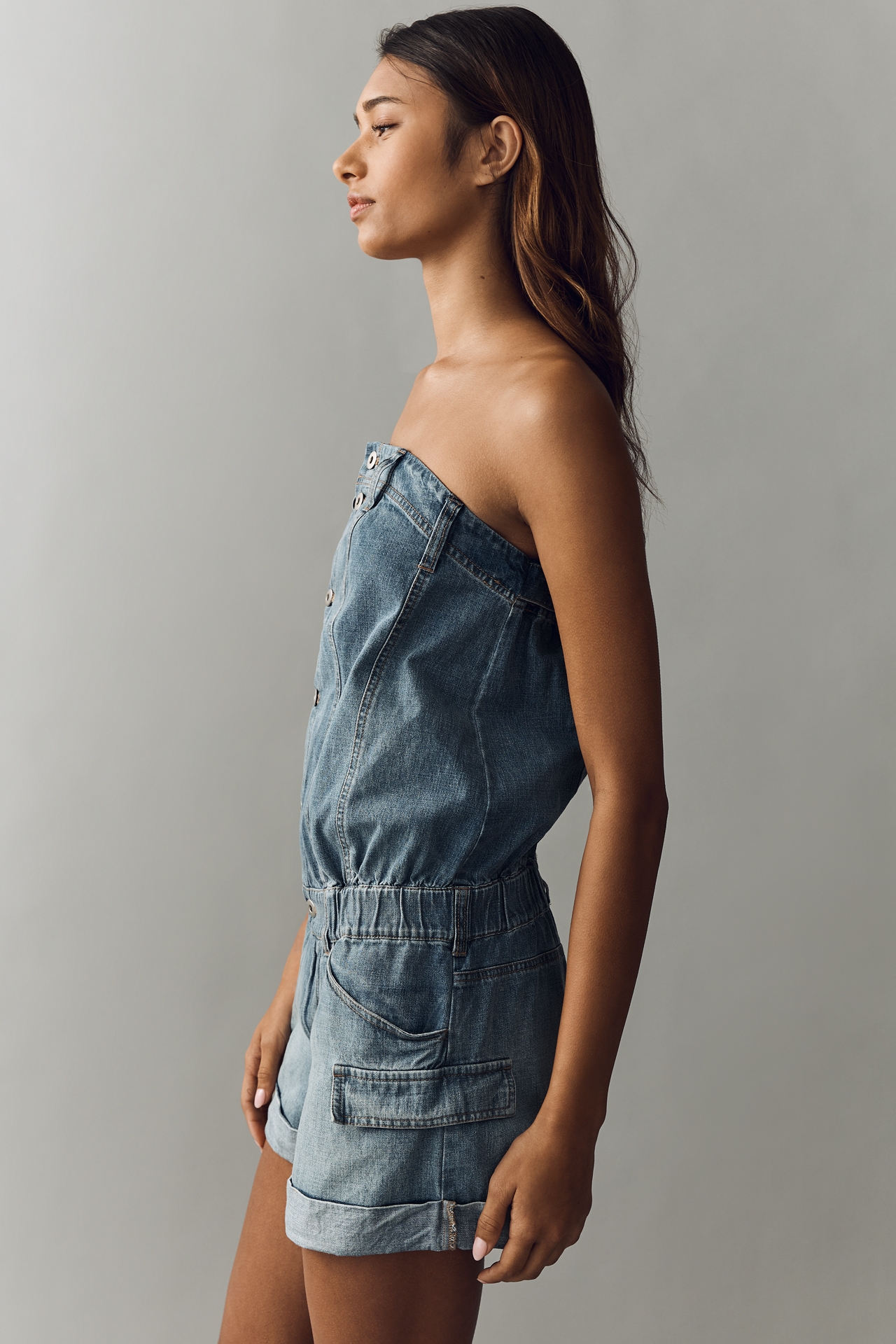 Pilcro Strapless Button-Front Denim Romper