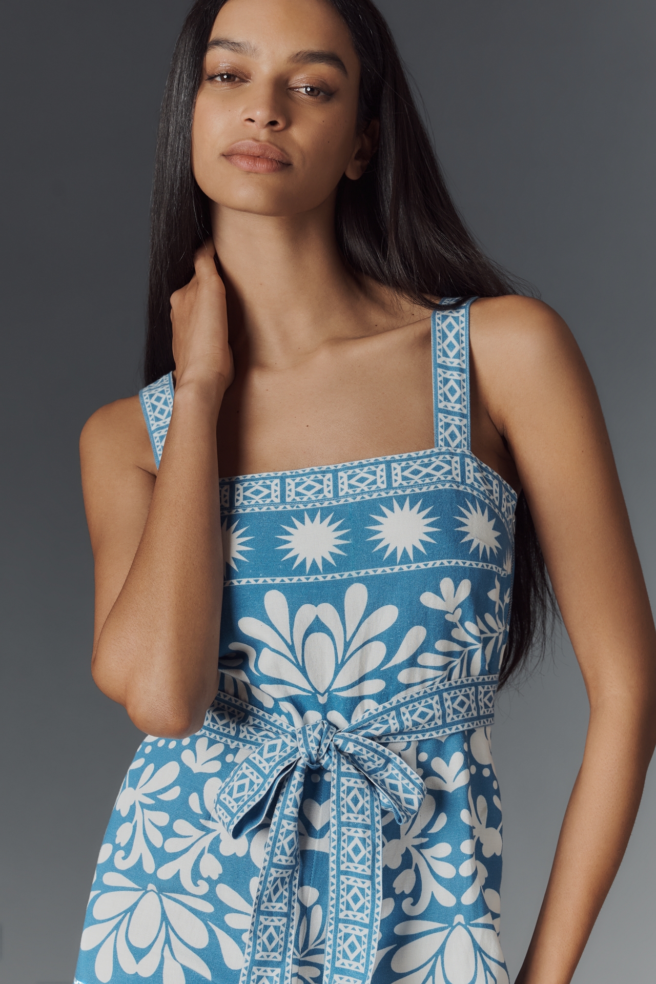 Saylor Catrice Linen Blend Sleeveless Belted Romper