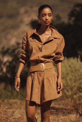 Saylor Faux-suede Long-sleeve Romper In Brown