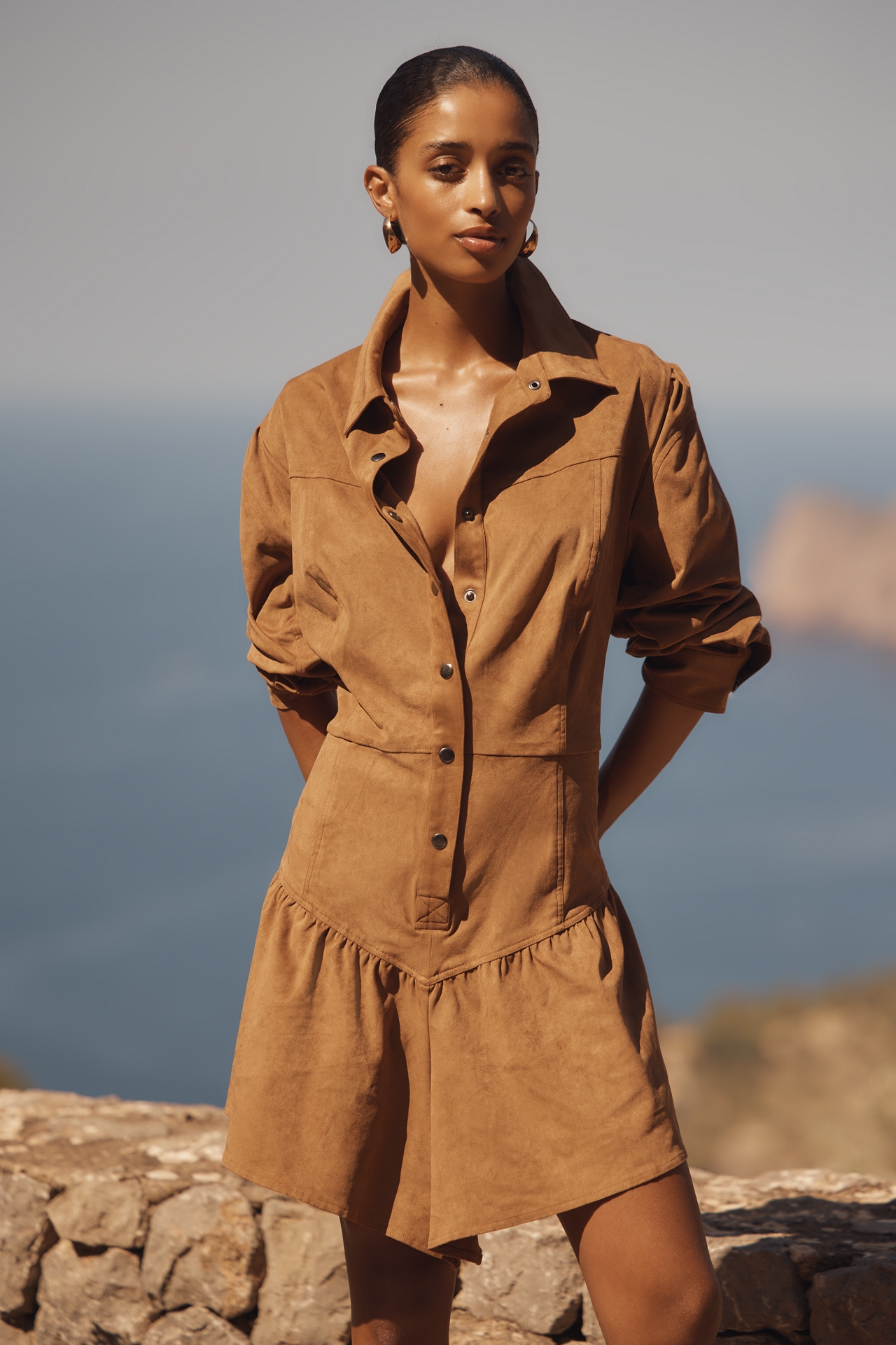 Saylor Faux-Suede Long-Sleeve Romper