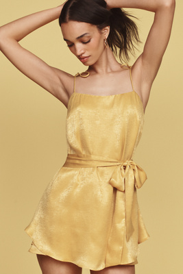 Endless Rose Silky Tie-waist Square-neck Romper In Yellow