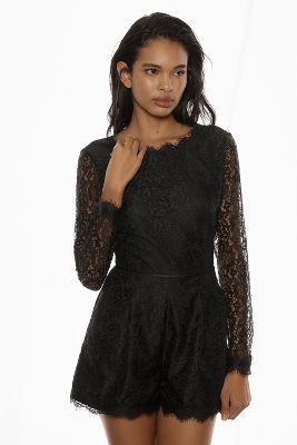 By Anthropologie Long-sleeve Lace Romper In Black