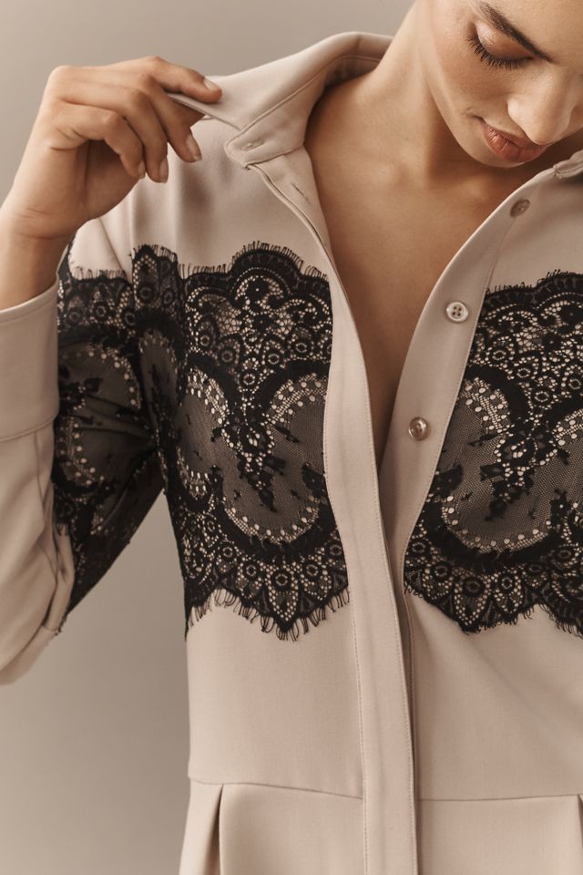 By Anthropologie Long-Sleeve Collared Lace Romper #2
