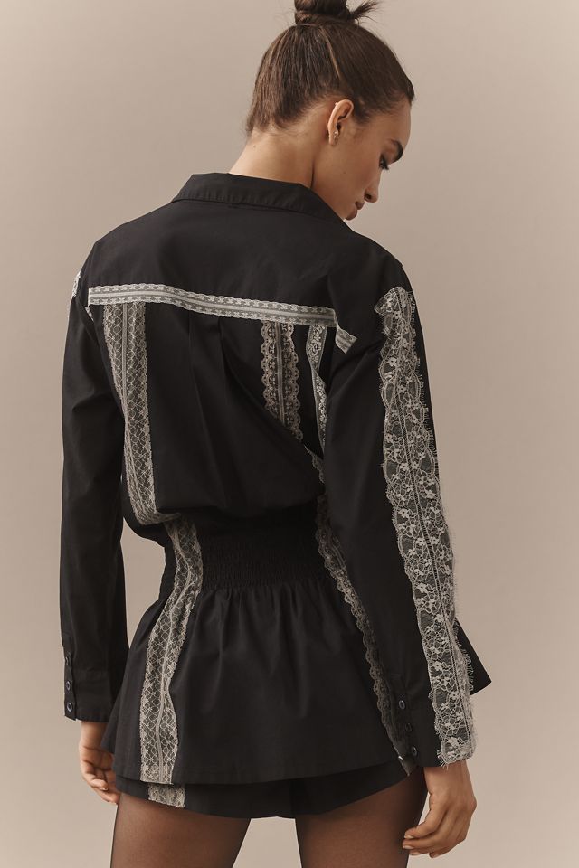 By Anthropologie Long-Sleeve Poplin Lace Skirty Romper #1