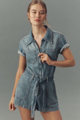 Good American Fit For Success Lite Linen Short-sleeve Denim Romper
