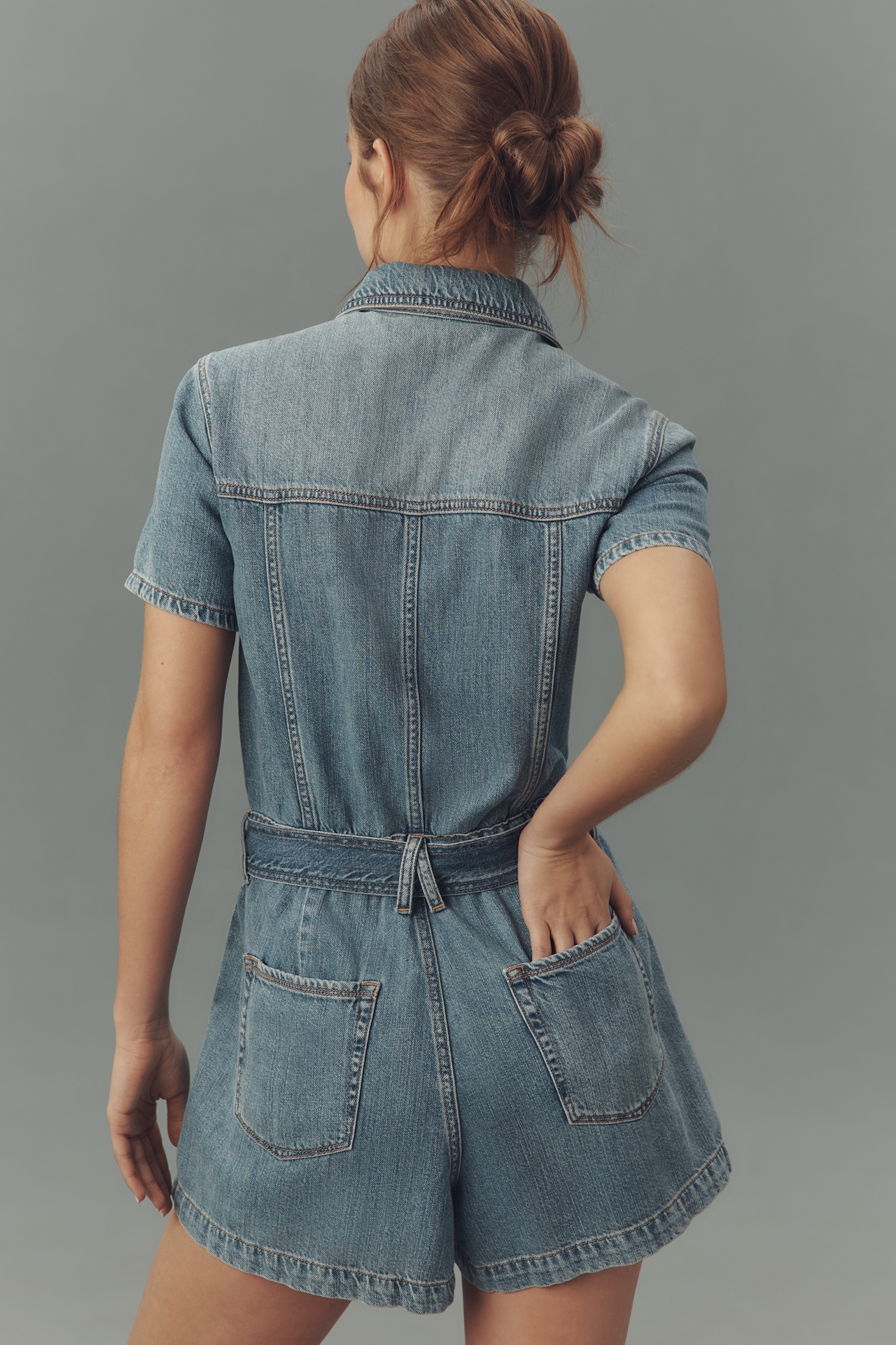 Good American Fit For Success Lite Linen Short-Sleeve Denim Romper