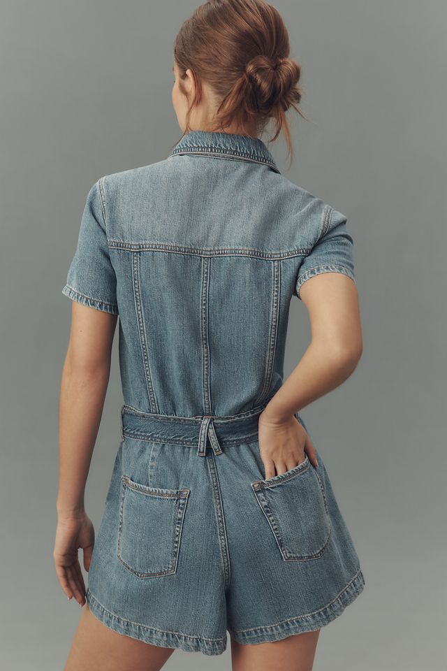 Good American Fit For Success Lite Linen Short-Sleeve Denim Romper #1