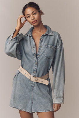 Good American Long-sleeve Denim Romper In Blue