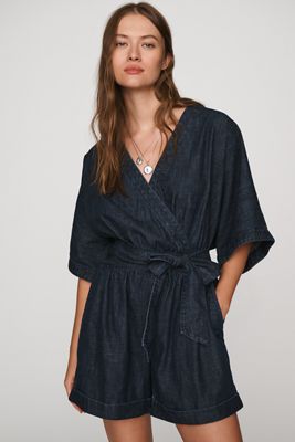Tuta Corta in Denim 100% Cotone con Cintura a Fiocco Pilcro