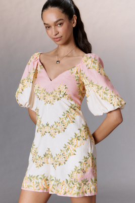 Farm Rio X Anthropologie V-neck Puff-sleeve Linen Blend Romper