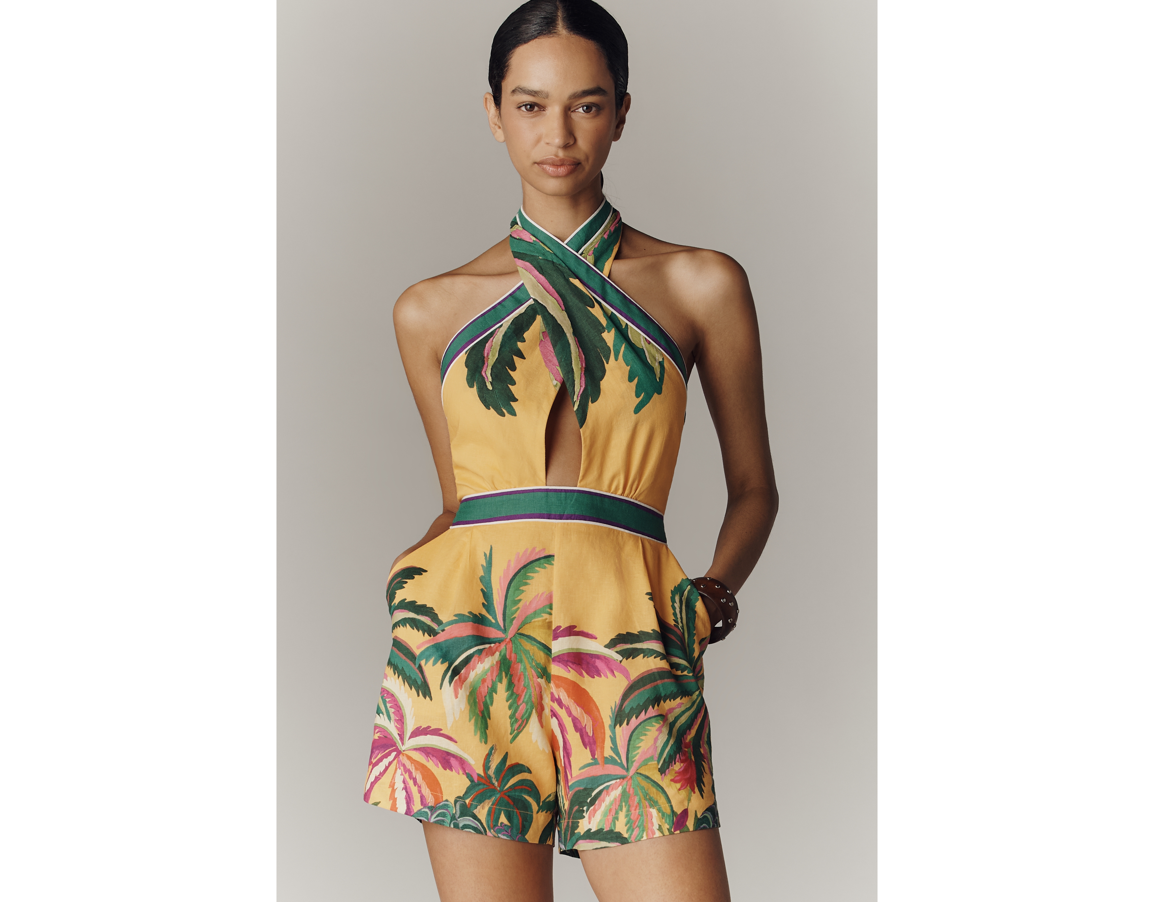 Farm Rio x Anthropologie Linen Blend Halter-Neck Romper
