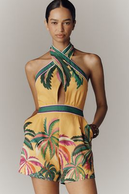 Farm Rio x Anthropologie Linen Blend Halter-Neck Romper