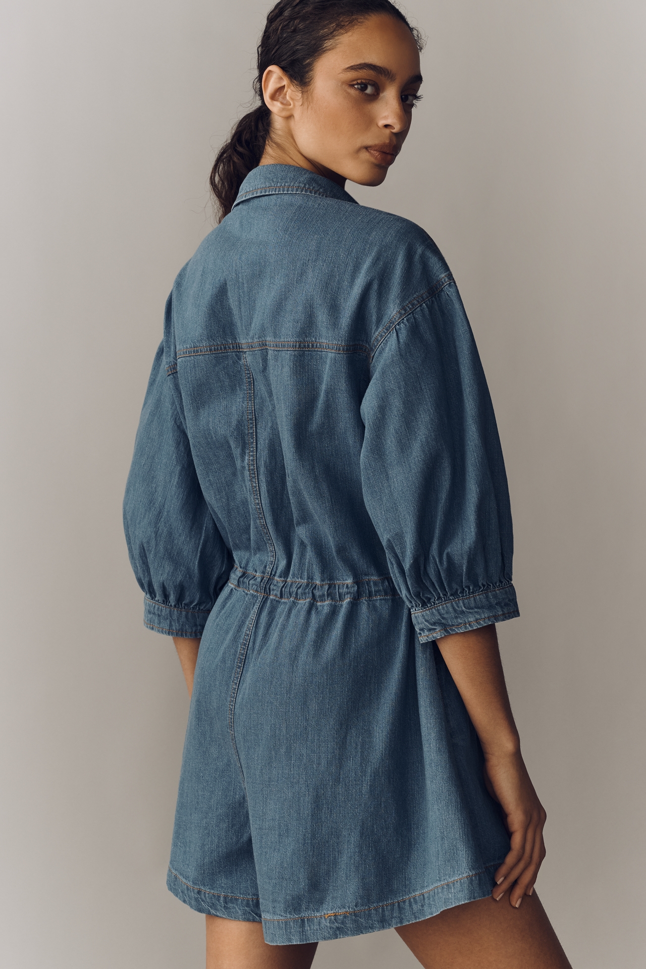 Pilcro Cotton Washed Denim Drawstring Romper