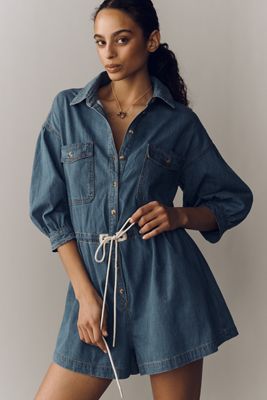 Pilcro Cotton Washed Denim Drawstring Romper