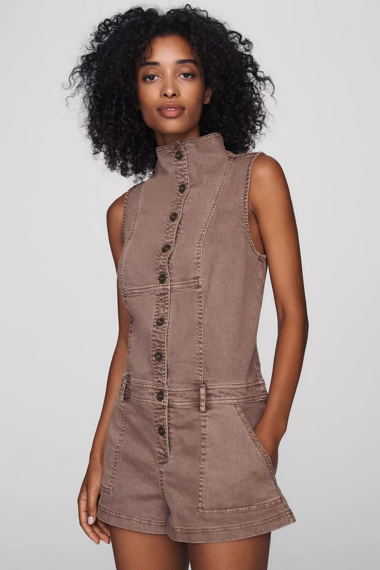 Pilcro Sleeveless Funnel Neck Denim Romper
