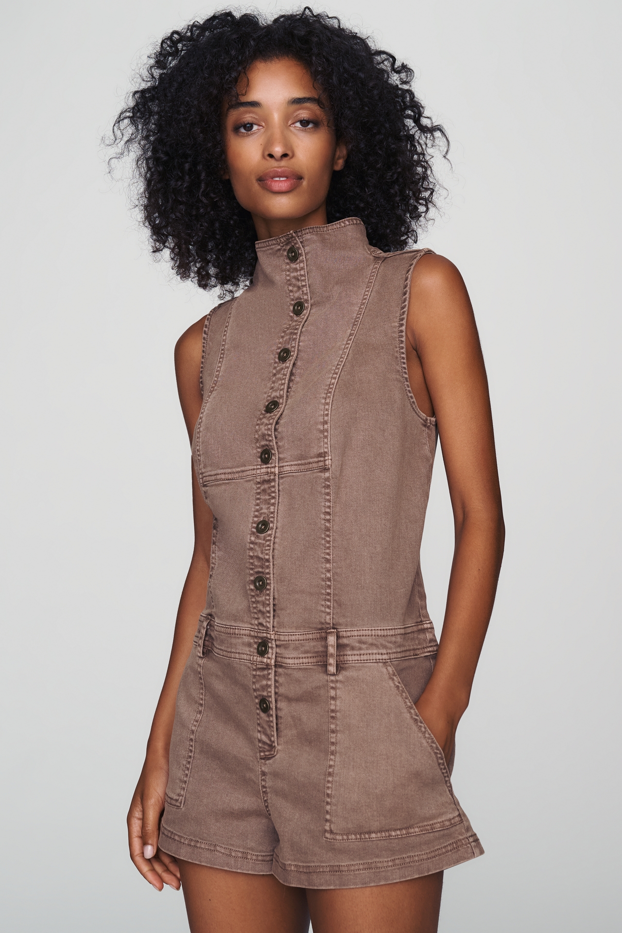 Pilcro Sleeveless Funnel-Neck Denim Romper