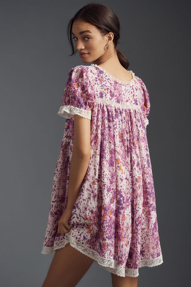 By Anthropologie Short-Sleeve Lace-Trim Babydoll Romper #1