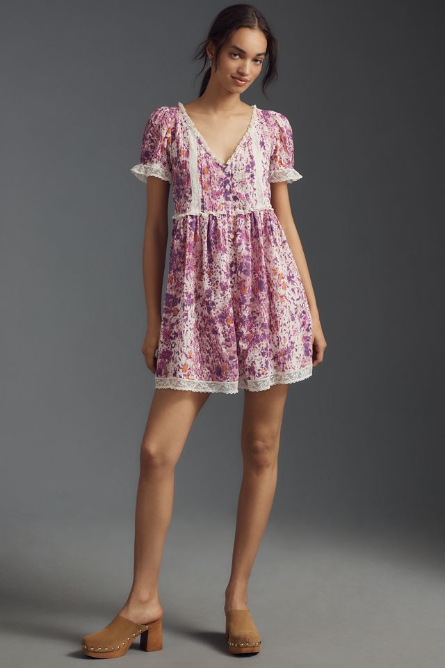 By Anthropologie Short-Sleeve Lace-Trim Babydoll Romper #3