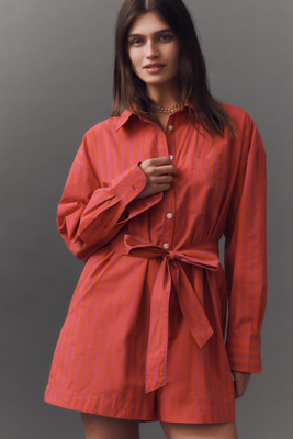 Maeve Long-sleeve Buttondown Poplin Romper In Pink