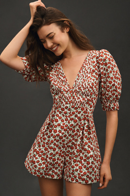 Shop Maeve Puff-sleeve V-neck Pintuck Romper In Multicolor