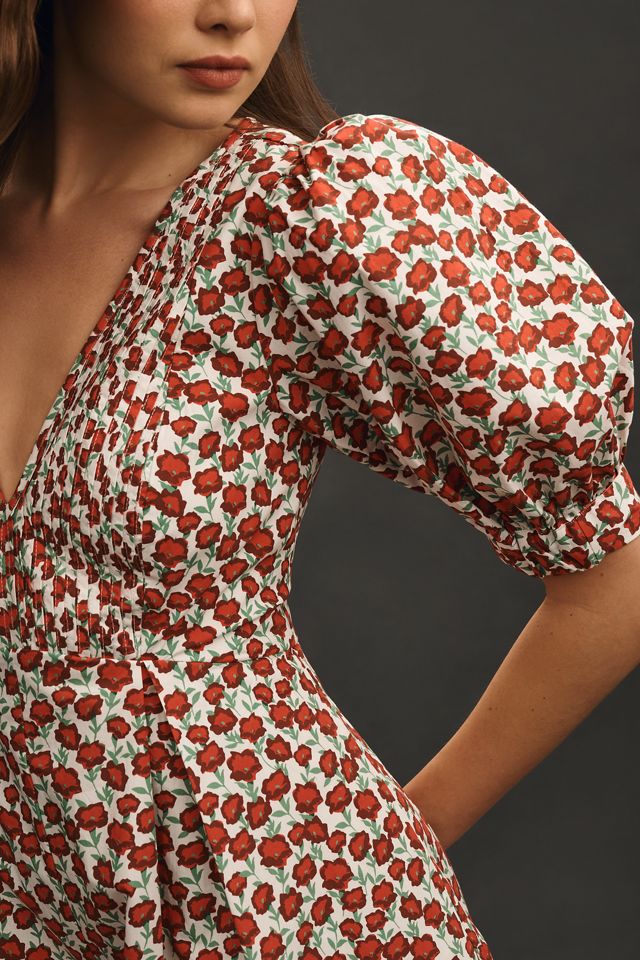 Maeve Puff-Sleeve V-Neck Pintuck Romper #2