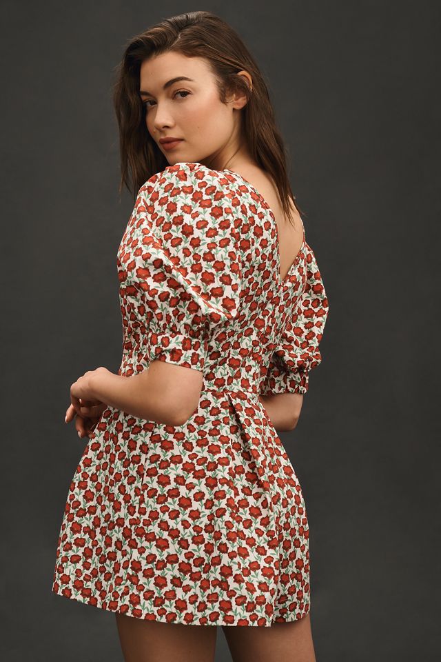 Maeve Puff-Sleeve V-Neck Pintuck Romper #3