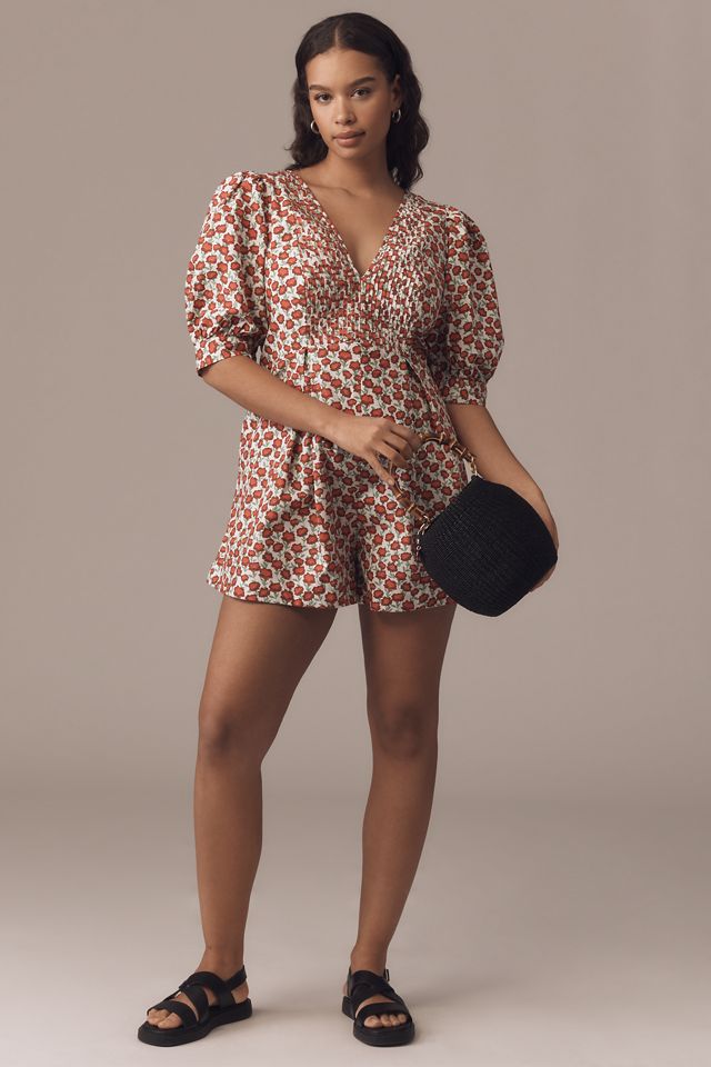 Maeve Puff-Sleeve V-Neck Pintuck Romper #6