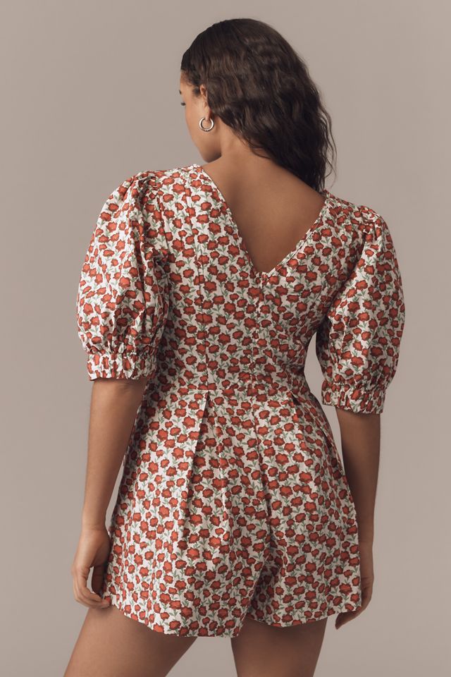 Maeve Puff-Sleeve V-Neck Pintuck Romper #8