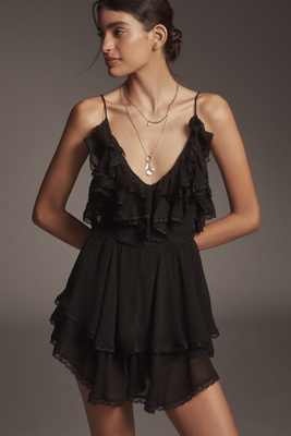 Maeve Scoop-neck Frilly Ruffled Romper In Black