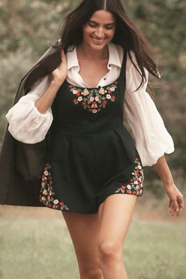 Maeve Long-sleeve Embroidered Twofer Romper In Multi