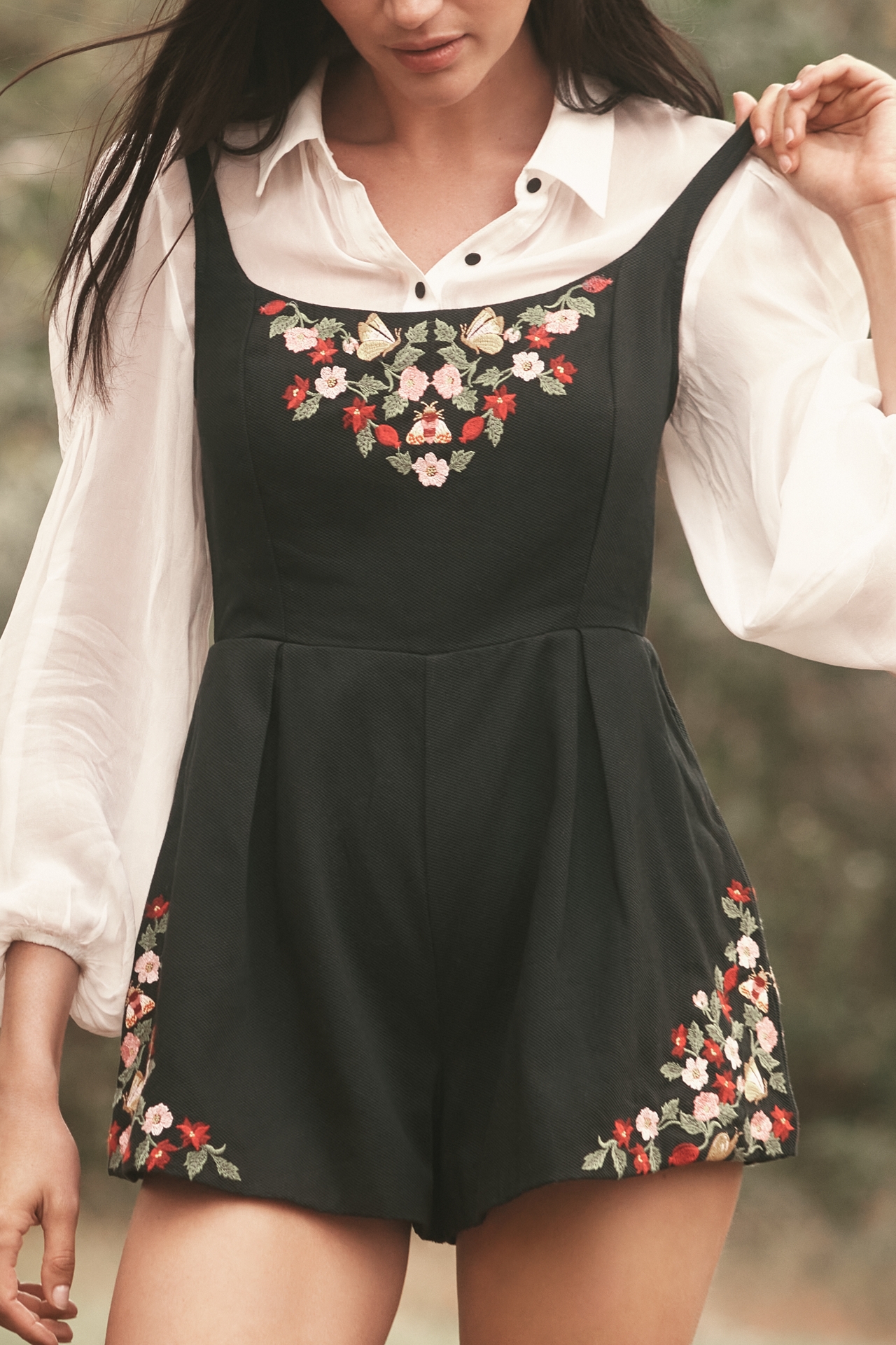 Maeve Long-Sleeve Embroidered Twofer Romper
