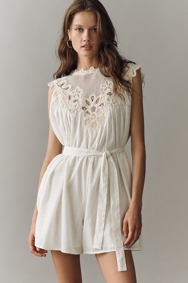 By Anthropologie Cotton Crochet Yoke Romper #1